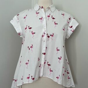 Zara Trafaluc Shirt Womens XS Flamingo Button Up Tunic Top Swing Hi Low Oversize